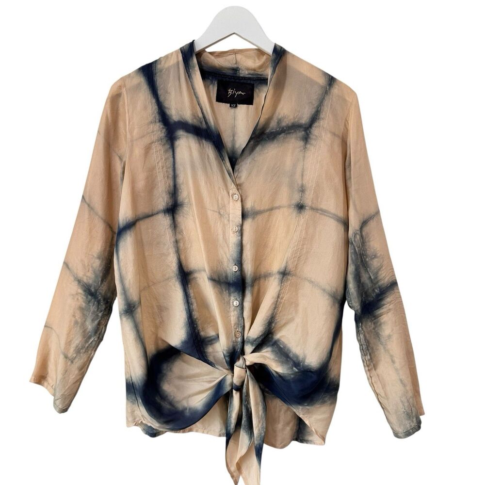 Johnny Was Biya 100% Silk Tie Dye Oversized XS Blouse Semi Sheer Front Knot LS